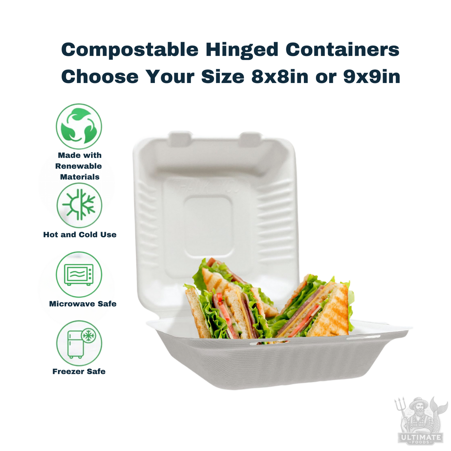 Container Compostable Hinged Square, 8x8 Eco Friendly
