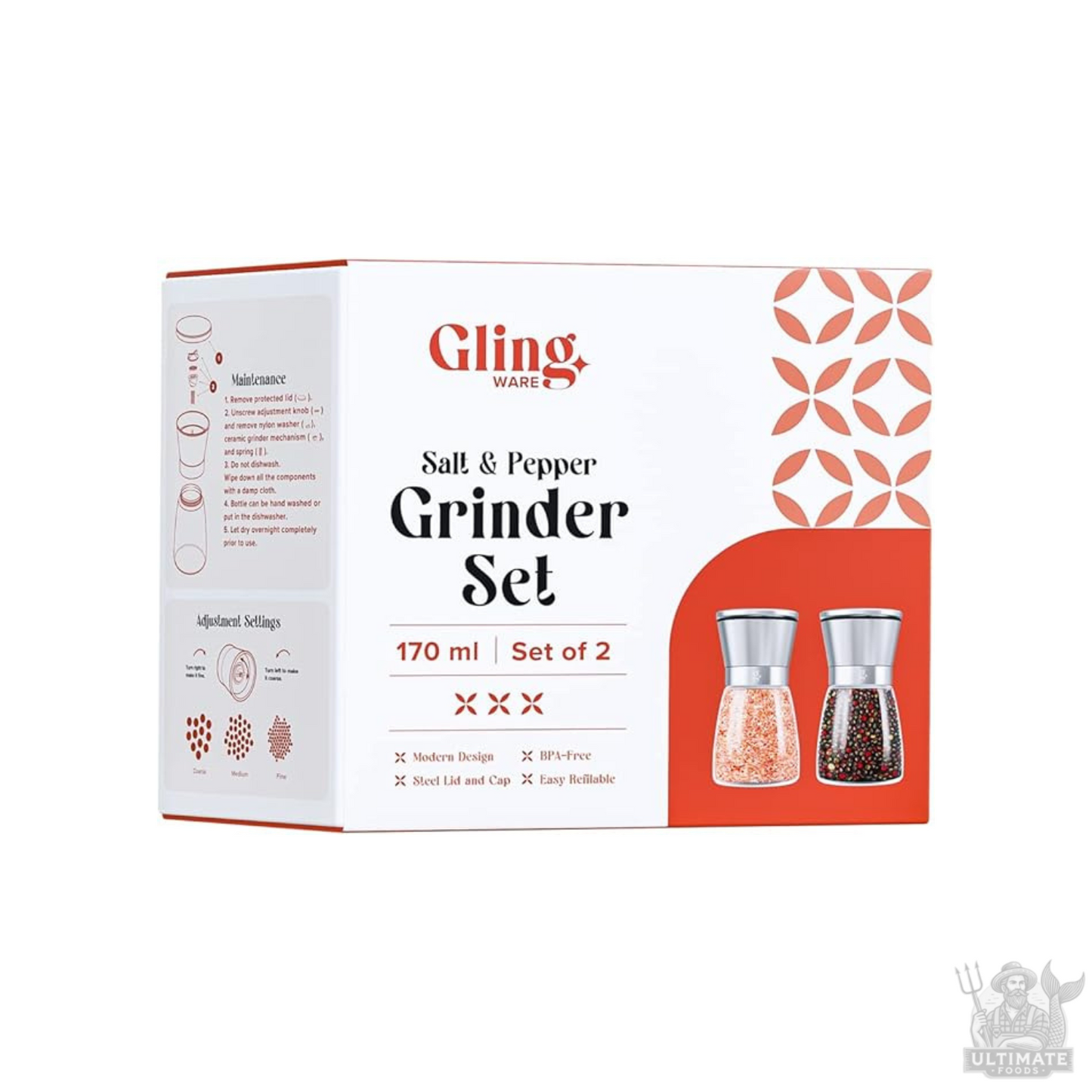 GLING Salt & Pepper Grinder Set - Refillable, Choose Size