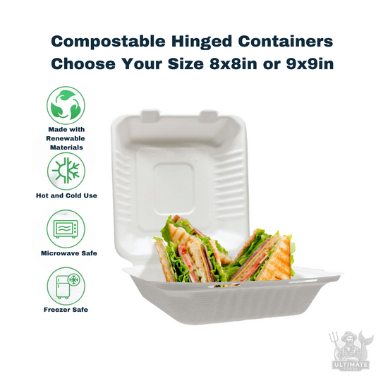 Container Compostable Hinged Square, 8x8